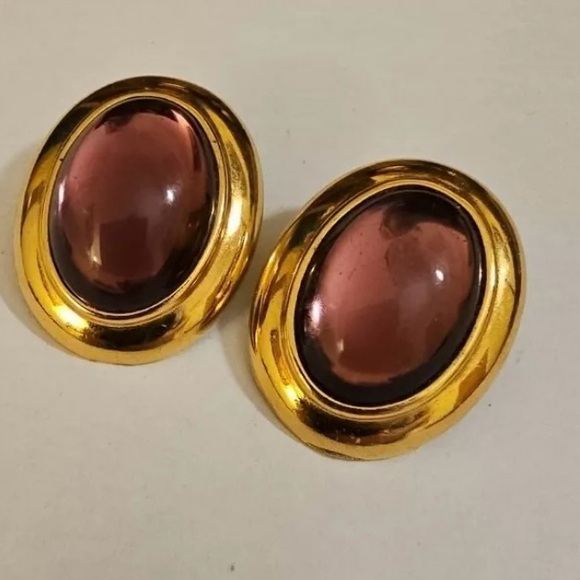 Yves St Laurent Monet Vintage Gold & Purple Large Cabochon Clip-On Earrings - Picture 1 of 11